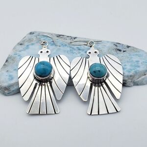 Turquoise Thunderbird Earrings Southwestern Boho Sterling Silver 1.75"